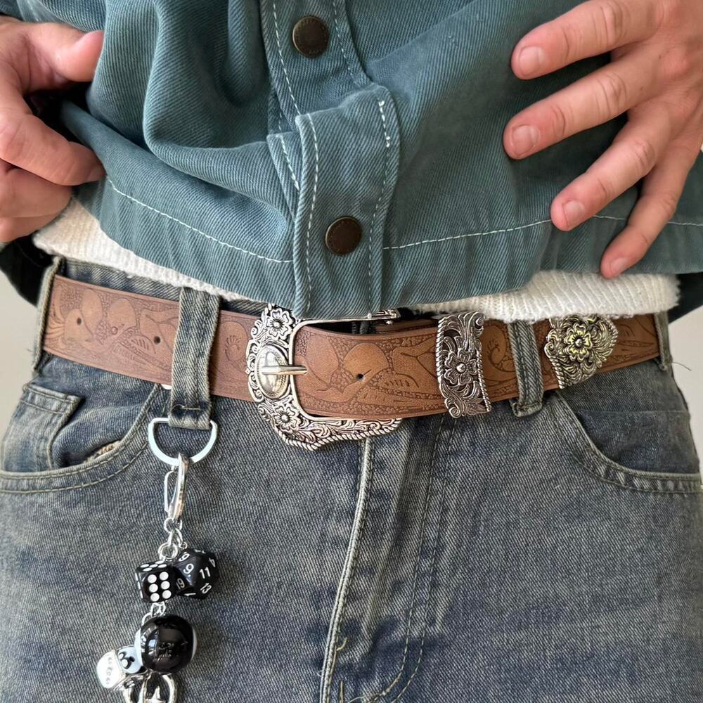 Y2K Brown Leather Belt Silver Buckle Adjustable Fit 26-36" Unisex Vintage New